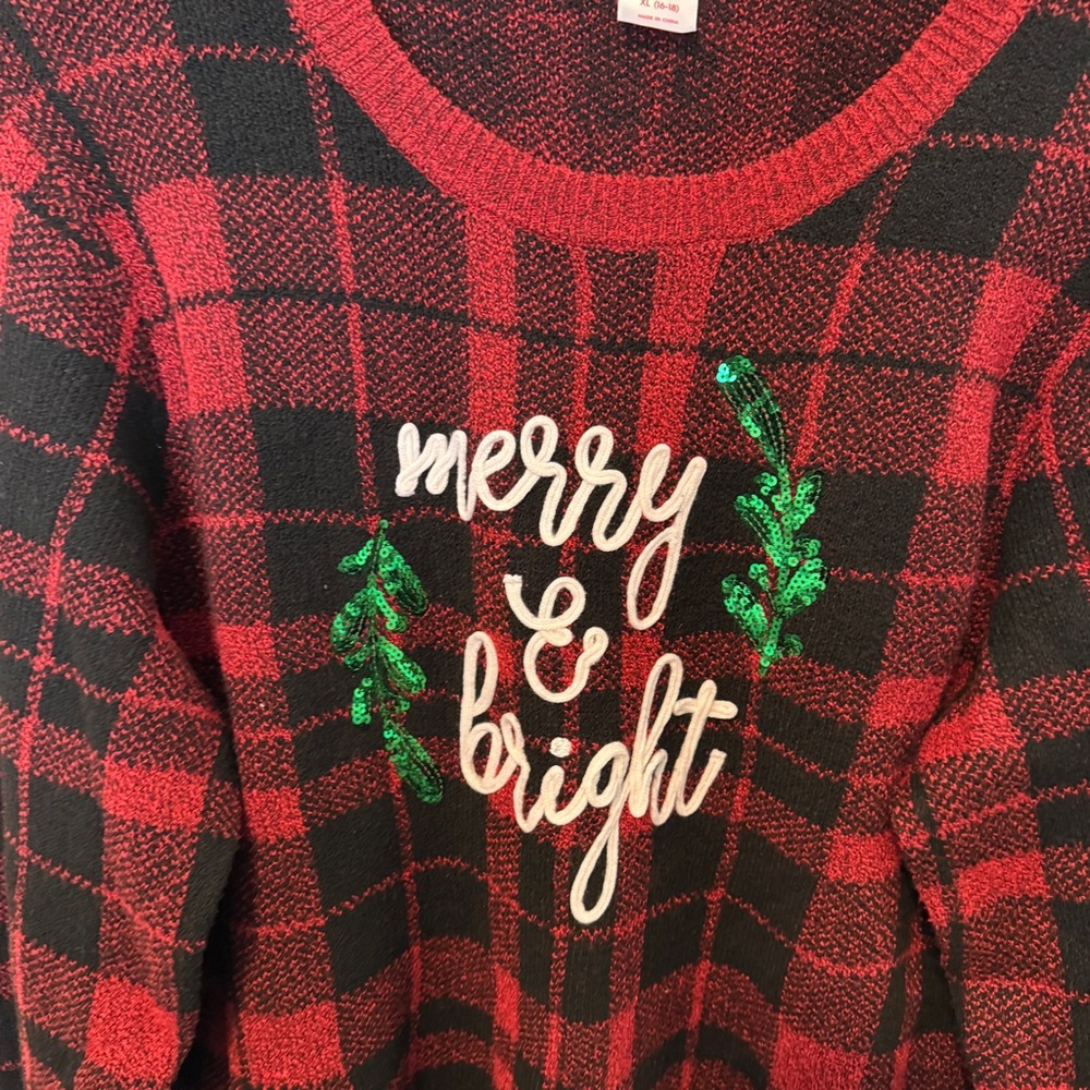 Holiday Time Ugly Christmas Sweater Women’s Sz XL Plaid Merry Bright Red Plaid - Picture 3 of 6